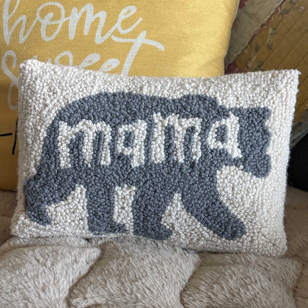 Cute Little Wool Hooked Gray and Cream 'Mama' Bear Pillow